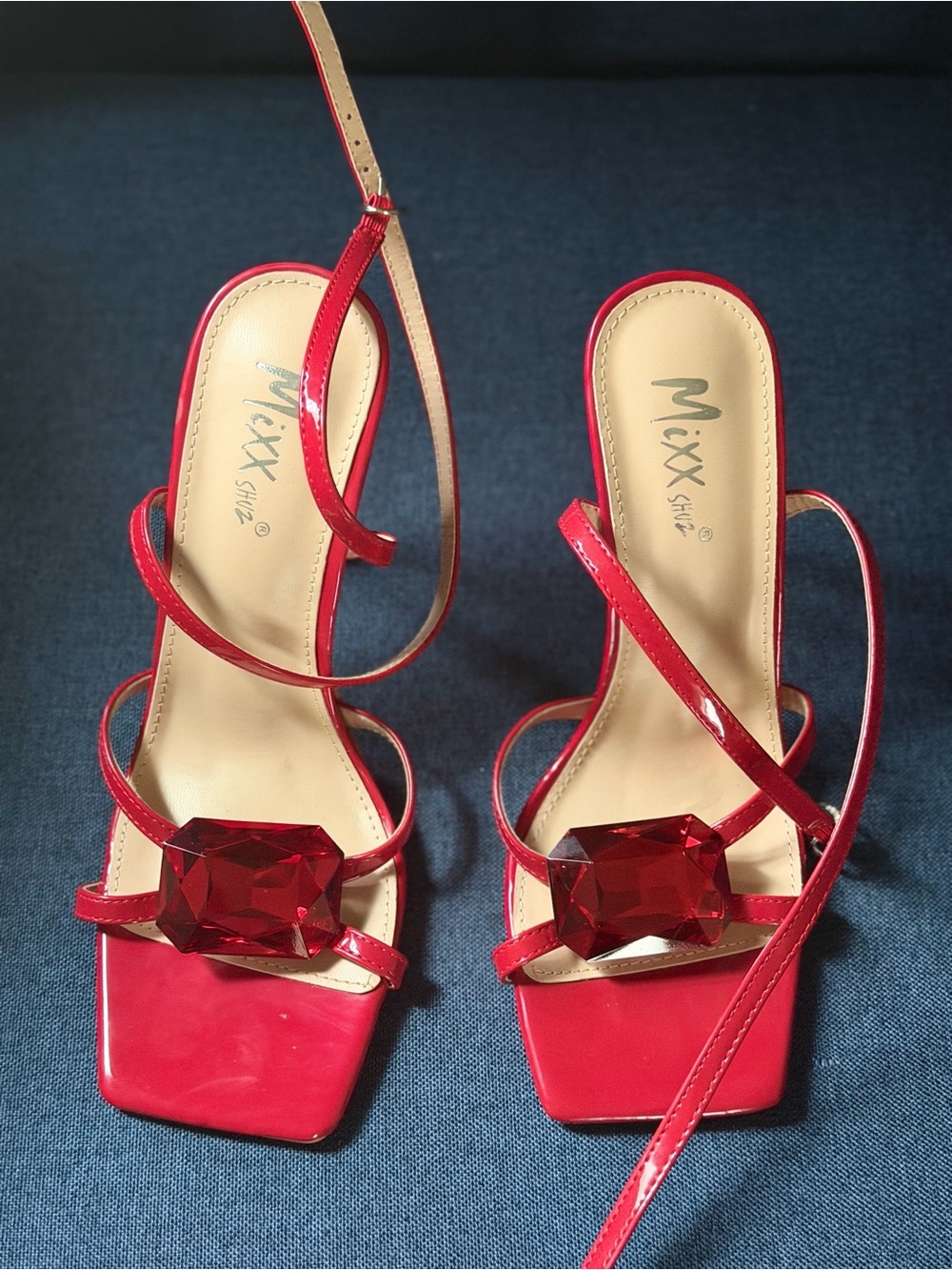 Mixx Shuz Red Patent Strappy Heels with Large Faceted Gem